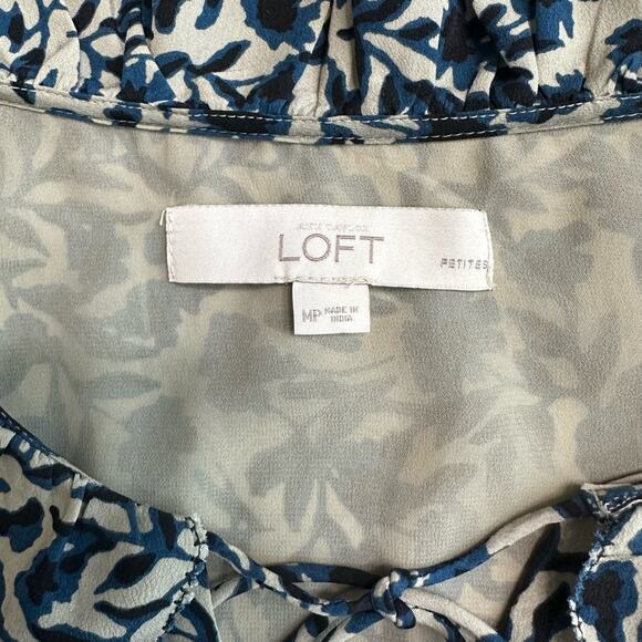 Ann Taylor LOFT Tan/Blue/Black Knee Length Floral Dress WMNS M Ruffle Tie Neck - Picture 8 of 12